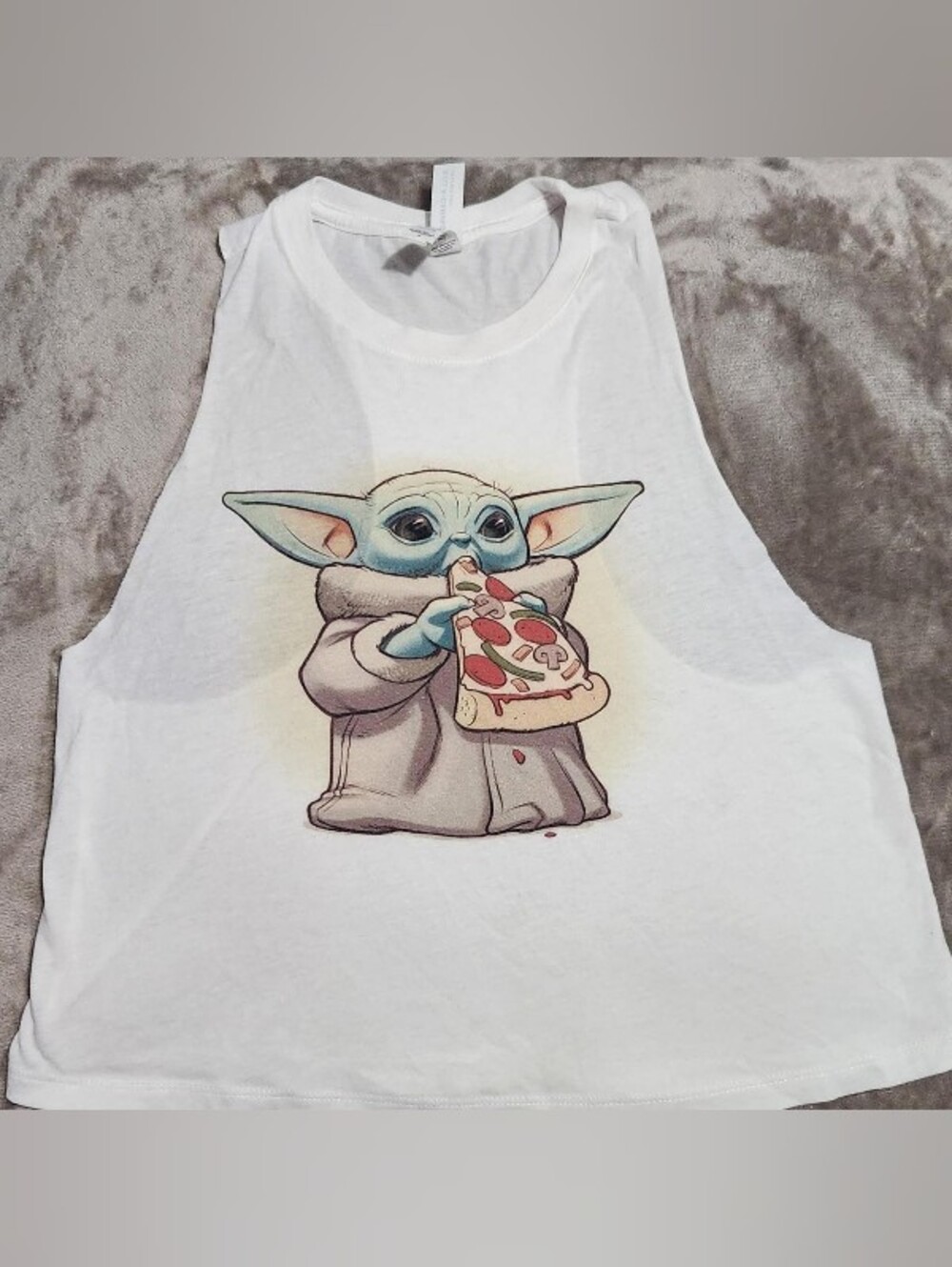 Bella Canvas White Tank Top with Baby Yoda Character Holding Pizza
